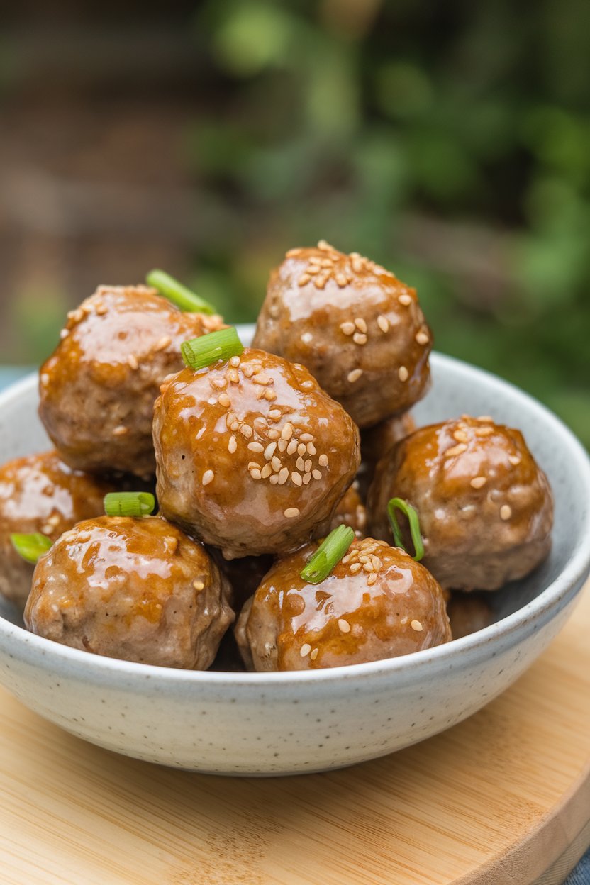 Indoor photo of glazed turkey meatballs sprinkled with sesame seeds in a shallow bowl, garnished with scallions, no text or logos