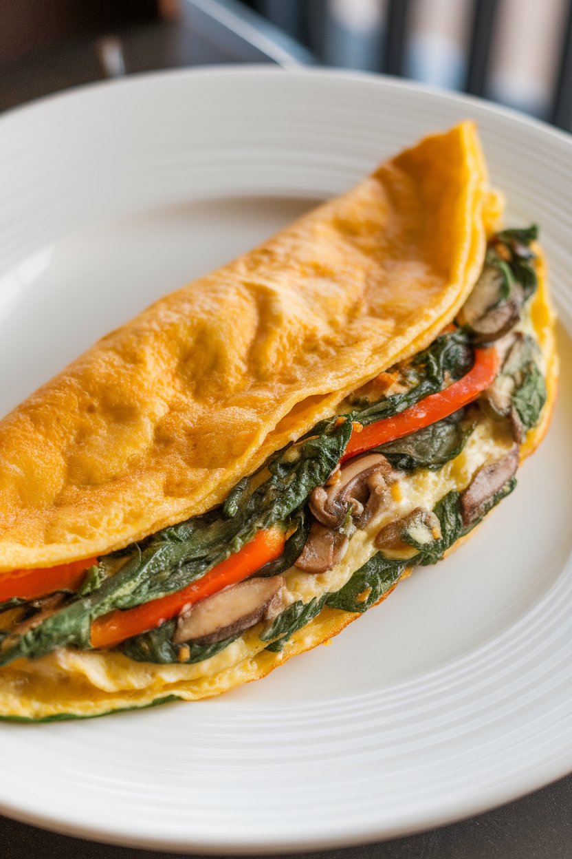 Photo of a folded omelet revealing spinach, bell pepper, and mushroom filling, plated indoors. No logos or text shown.