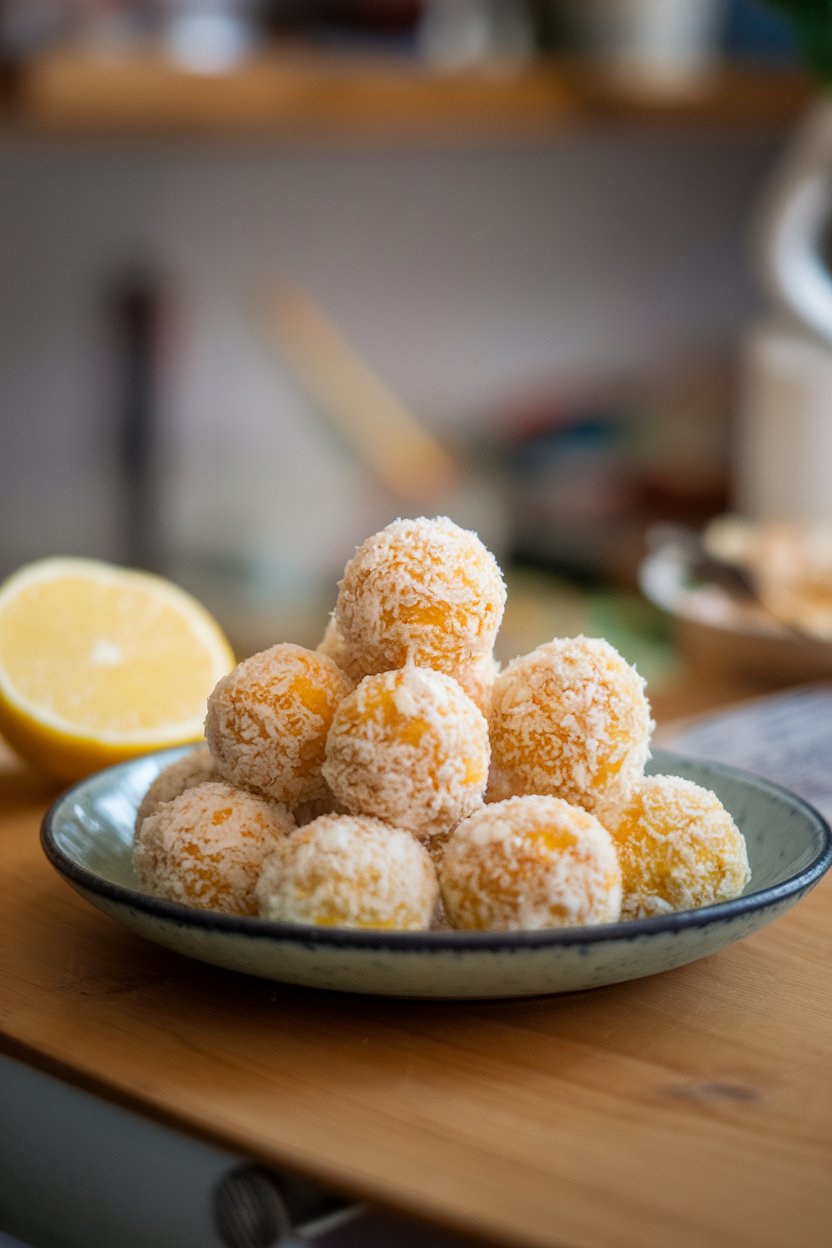 An indoor plate of small coconut-coated balls with a pale yellow hue, sliced lemon nearby. No text or logos. Photo, not illustration.