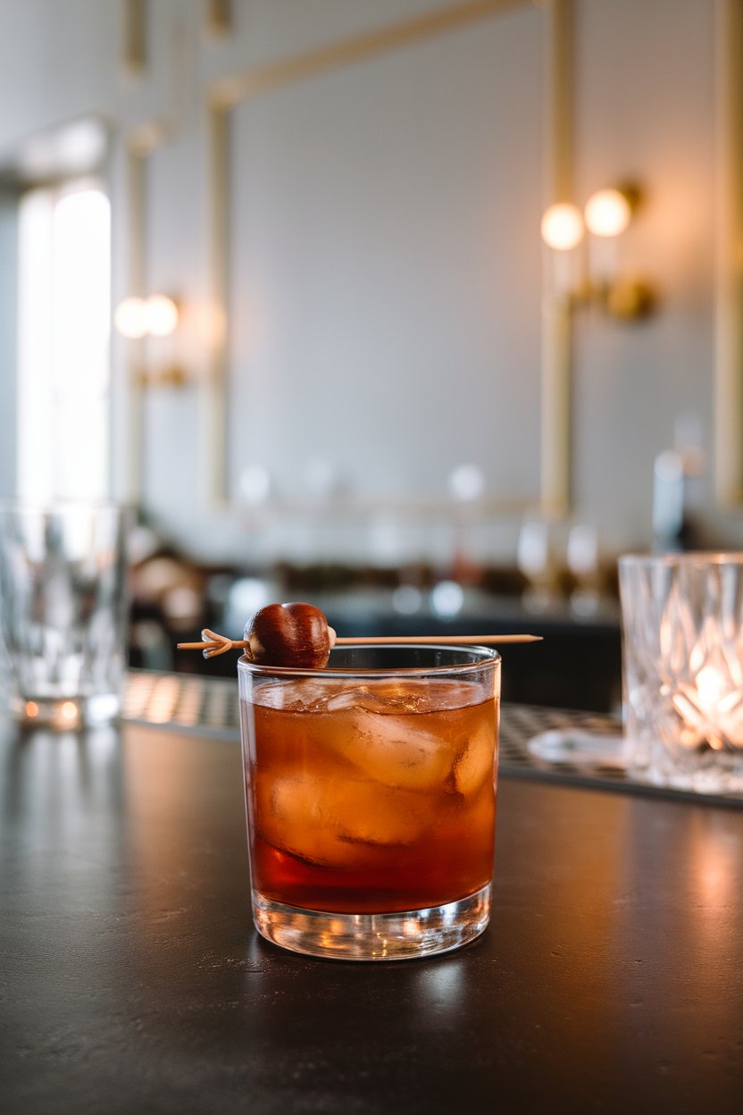 Indoor cocktail bar, rocks glass of amber margarita with small roasted chestnut on pick; no logos.
