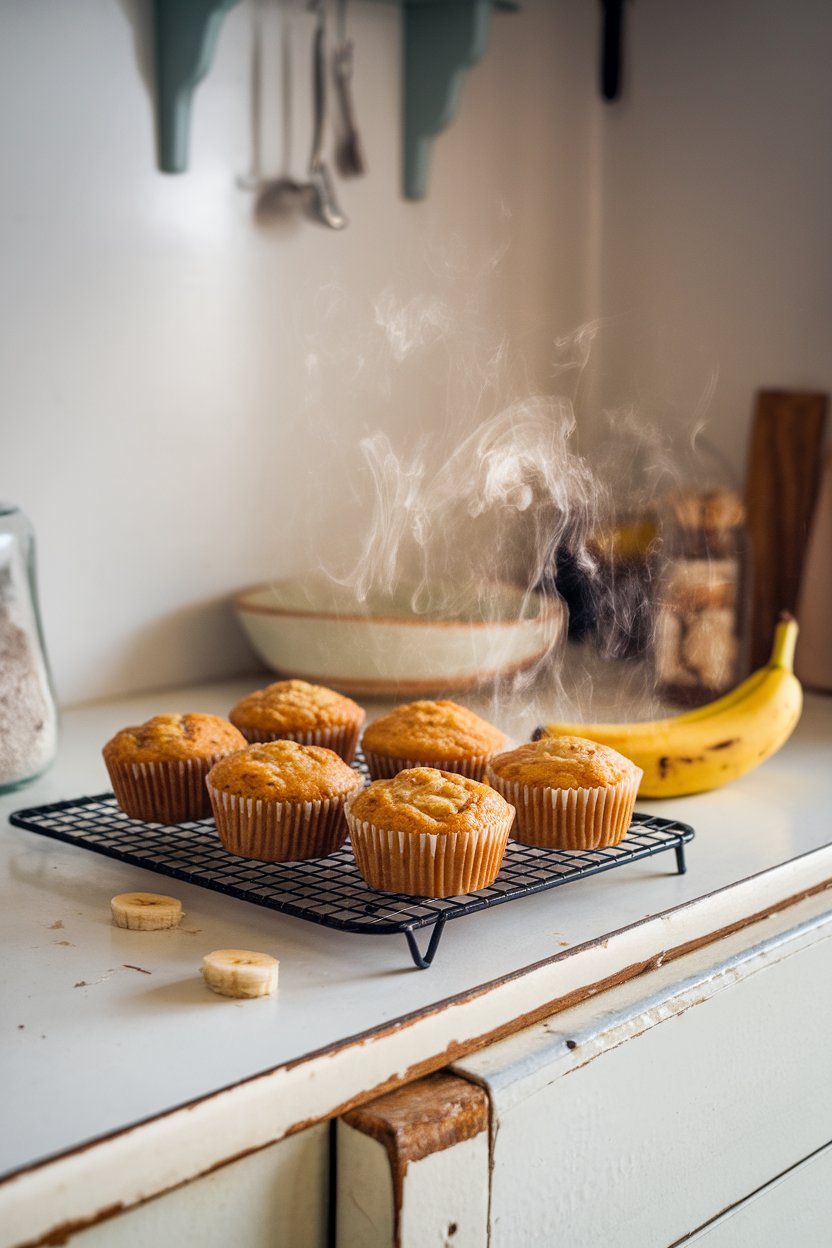 An indoor kitchen counter with a cooling rack of golden banana oat muffins, steam visible, no text or logos; photo.