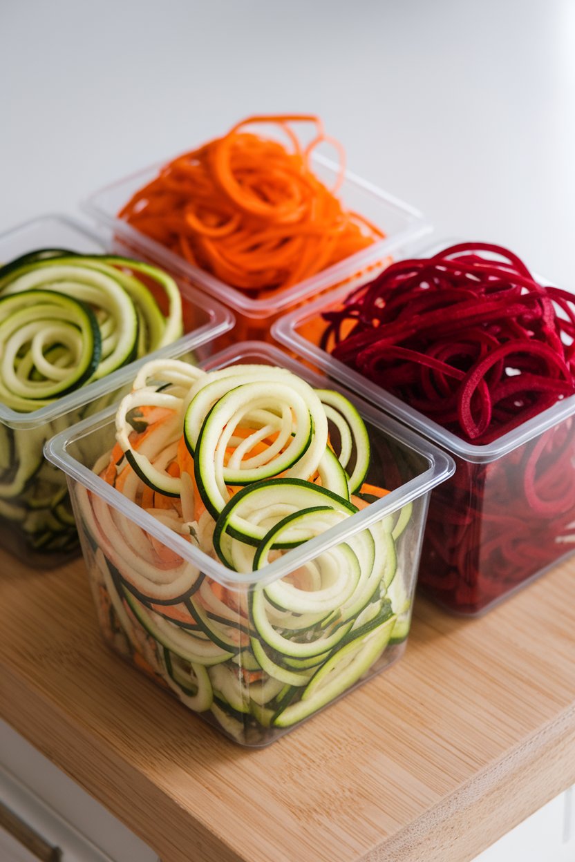 Indoor photo of containers filled with raw spiralized zucchini, carrot, and beet noodles, ready for cooking; no text or logos.