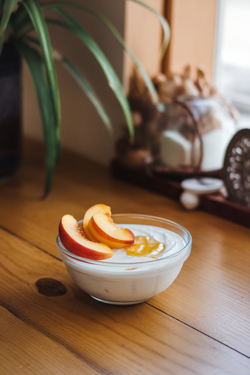 Indoor photo of a bowl of plain Greek yogurt topped with fresh peach slices and a light drizzle of honey, set on a breakfast nook table. Morning light, no text or logos.