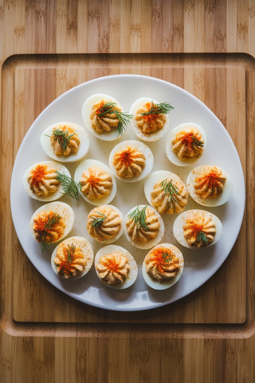 Close-up of a white indoor platter holding deviled eggs garnished with fresh dill and paprika. No text or logos. Photo.