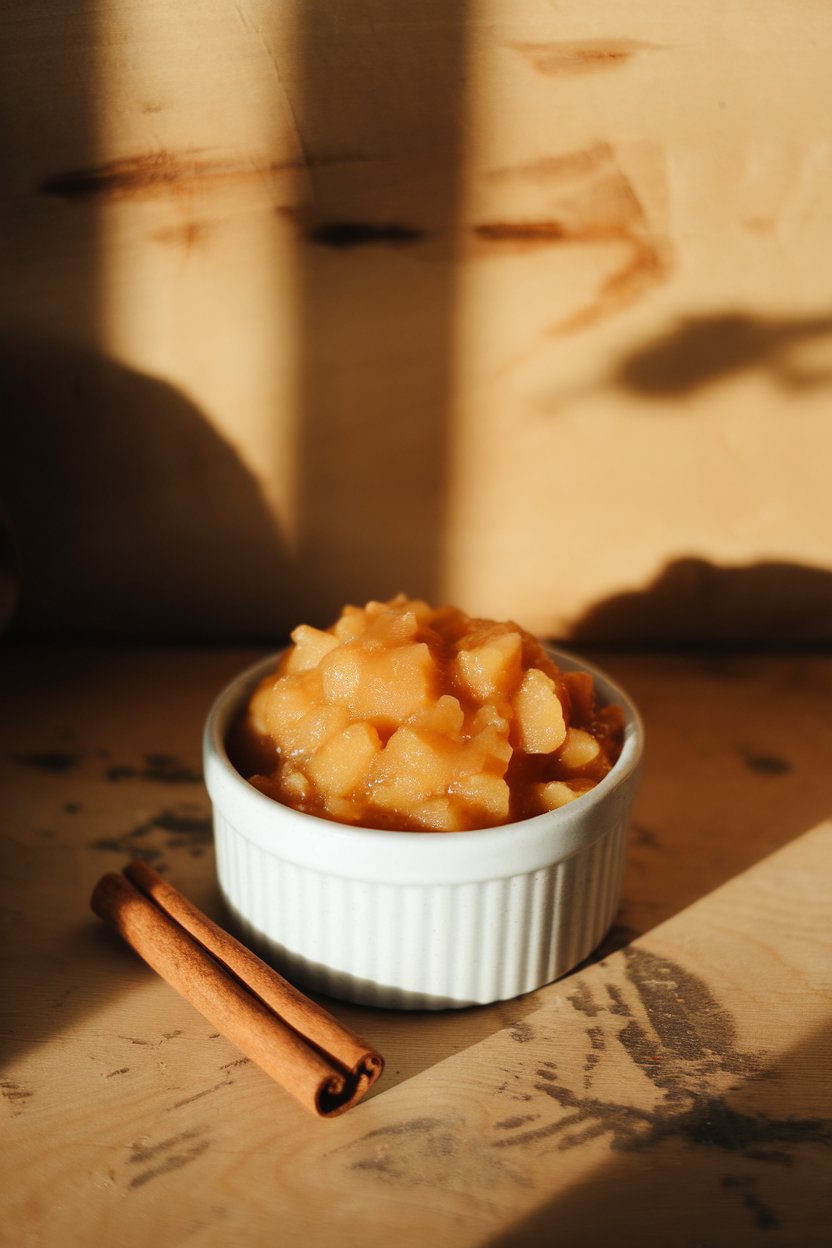 Indoor ramekin filled with chunky homemade applesauce, cinnamon sticks resting nearby. No text or logos.