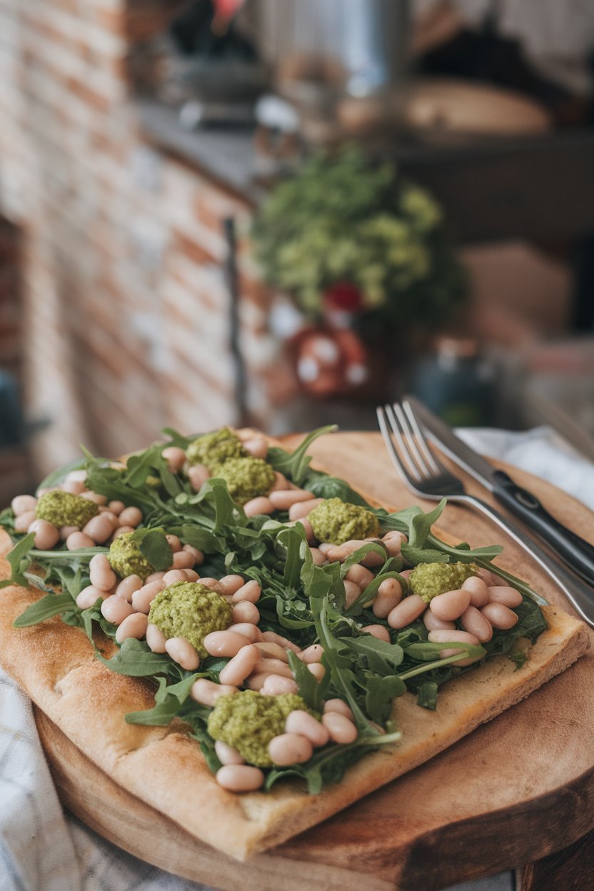 Photo, indoors, rectangular flatbread topped with arugula, creamy white beans, and dollops of bright green pesto. No text or logos.