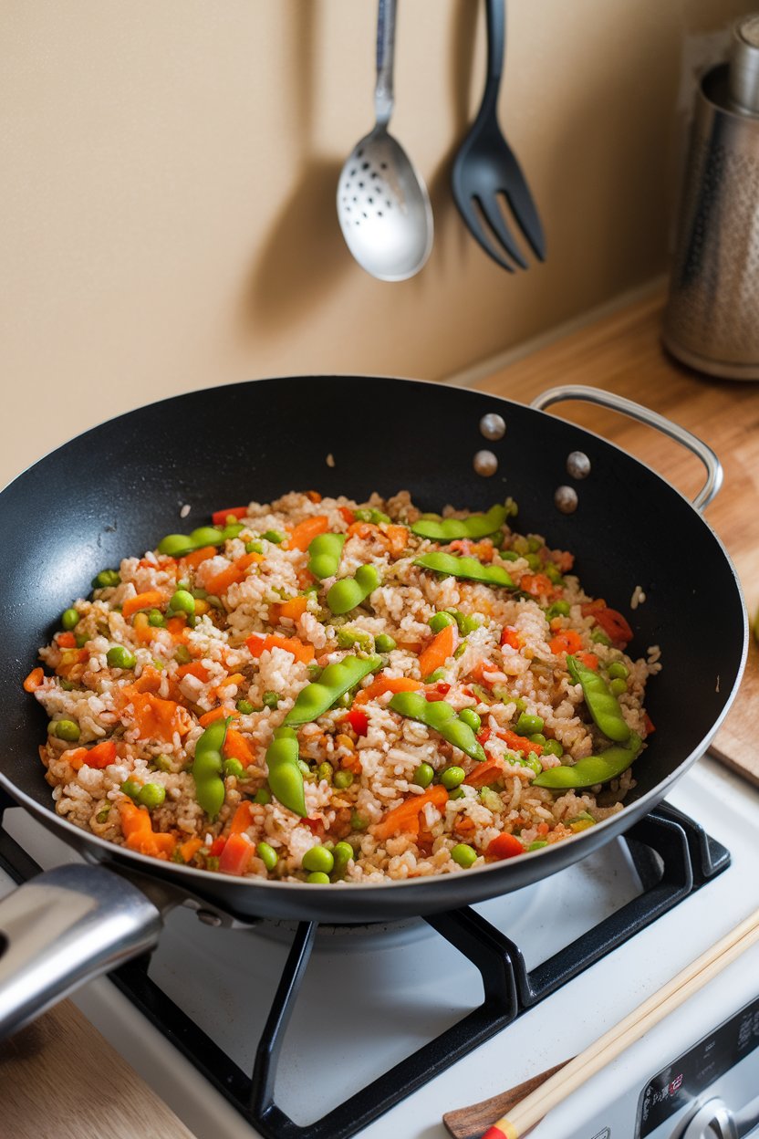 A wok on an indoor stove filled with colorful fried rice dotted with bright green edamame; no text or logos.