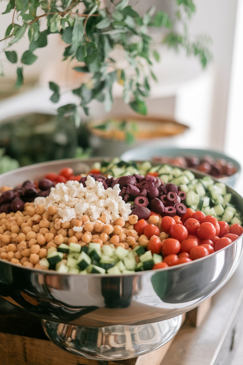 Photo of a large indoor serving bowl filled with chickpeas, cucumbers, cherry tomatoes, olives, and crumbled feta. No logos or text.
