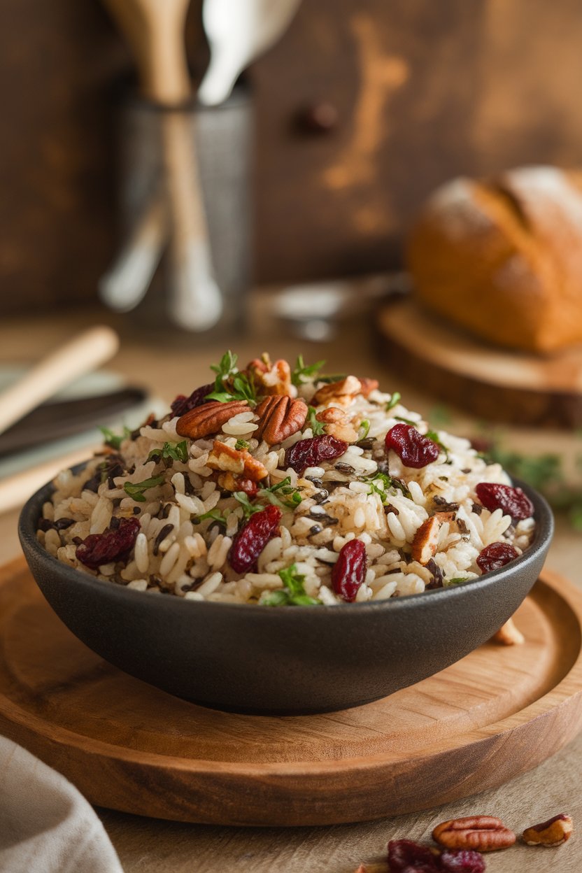 An indoor serving bowl with wild rice mixed with dried cranberries, herbs, and chopped pecans, warm neutral lighting. No text or logos. Photo only.