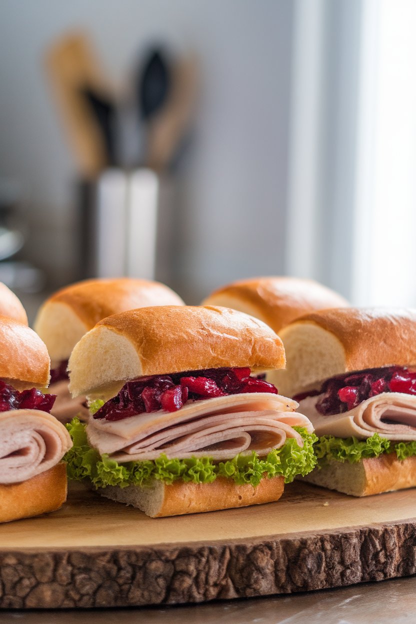 Mini brioche buns indoors filled with sliced turkey, cranberry relish, and lettuce, arranged on a wooden board—no logos or text. Photo.