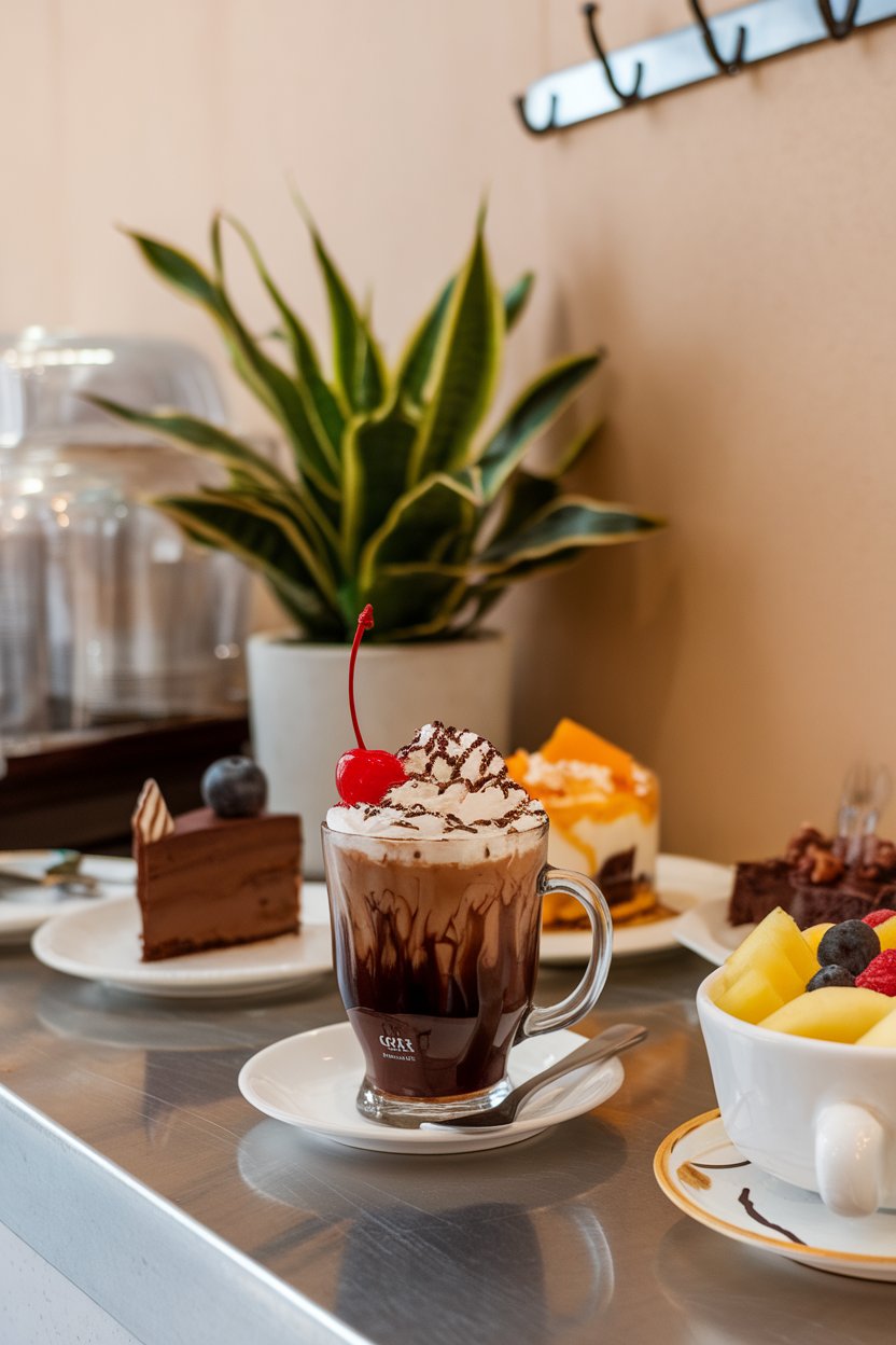 Indoor dessert café counter holding a glass mug of dark mocha, topped with whipped cream, chocolate shavings, and a bright red cherry. No brand names or text. Photo only.