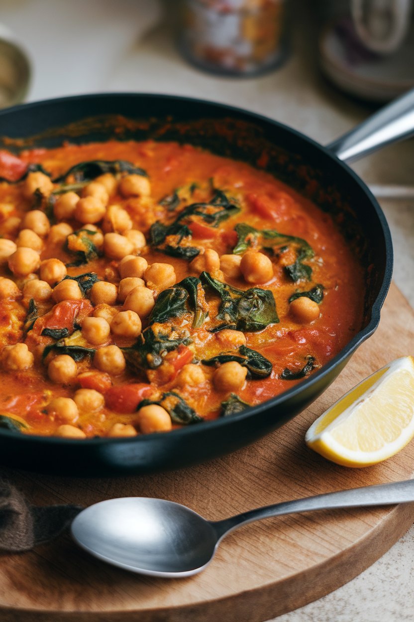 Indoor skillet with tomato-based chickpea spinach curry, served with a spoon and lemon wedge. No text or logos.
