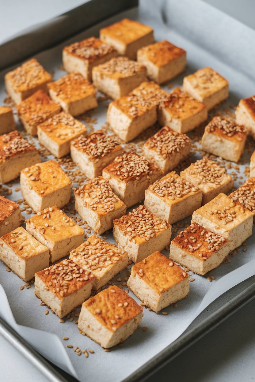 Indoor oven-tray photo of cubed tofu baked to golden edges, sprinkled with toasted sesame seeds, parchment underneath. No text or logos visible.