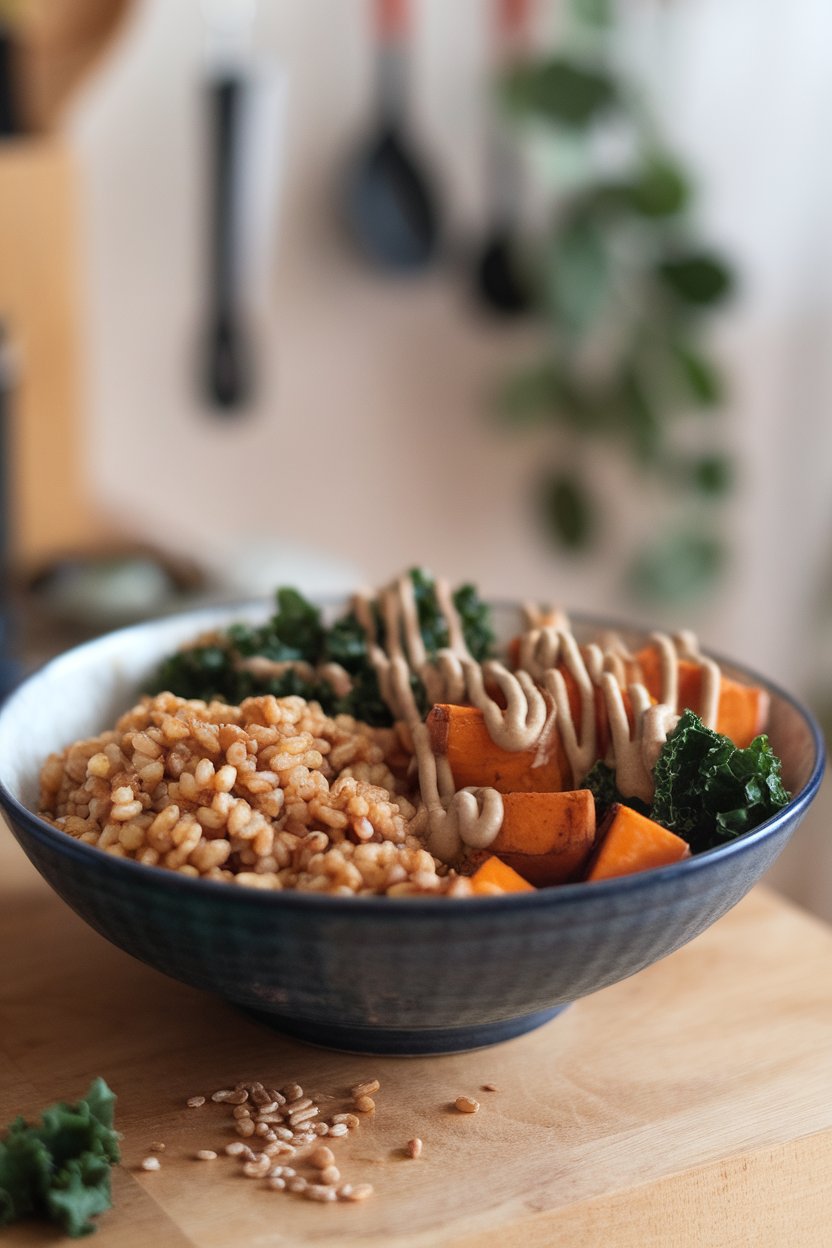 Photo of a wide indoor bowl containing cooked farro, roasted sweet potatoes, kale, and a drizzle of tahini sauce. No text or logos.