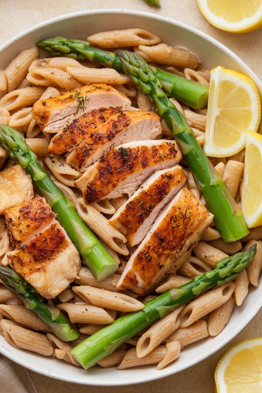 Indoor photo of brown rice penne mixed with seared chicken strips and bright asparagus pieces, finished with lemon wedges on the side. No text or logos.