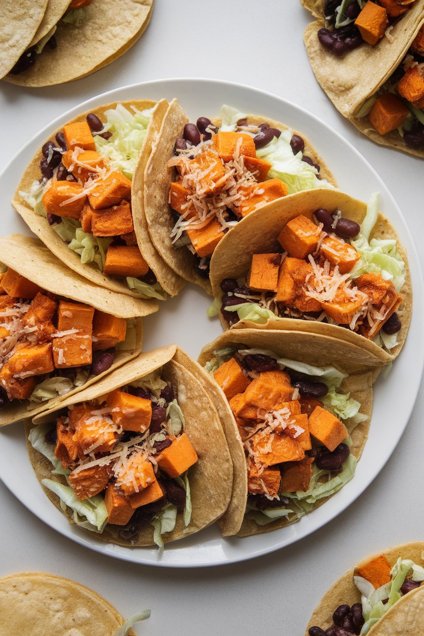 Indoor photo of corn tortillas filled with roasted sweet potato cubes, black beans, and shredded cabbage; overhead light, no text or logos