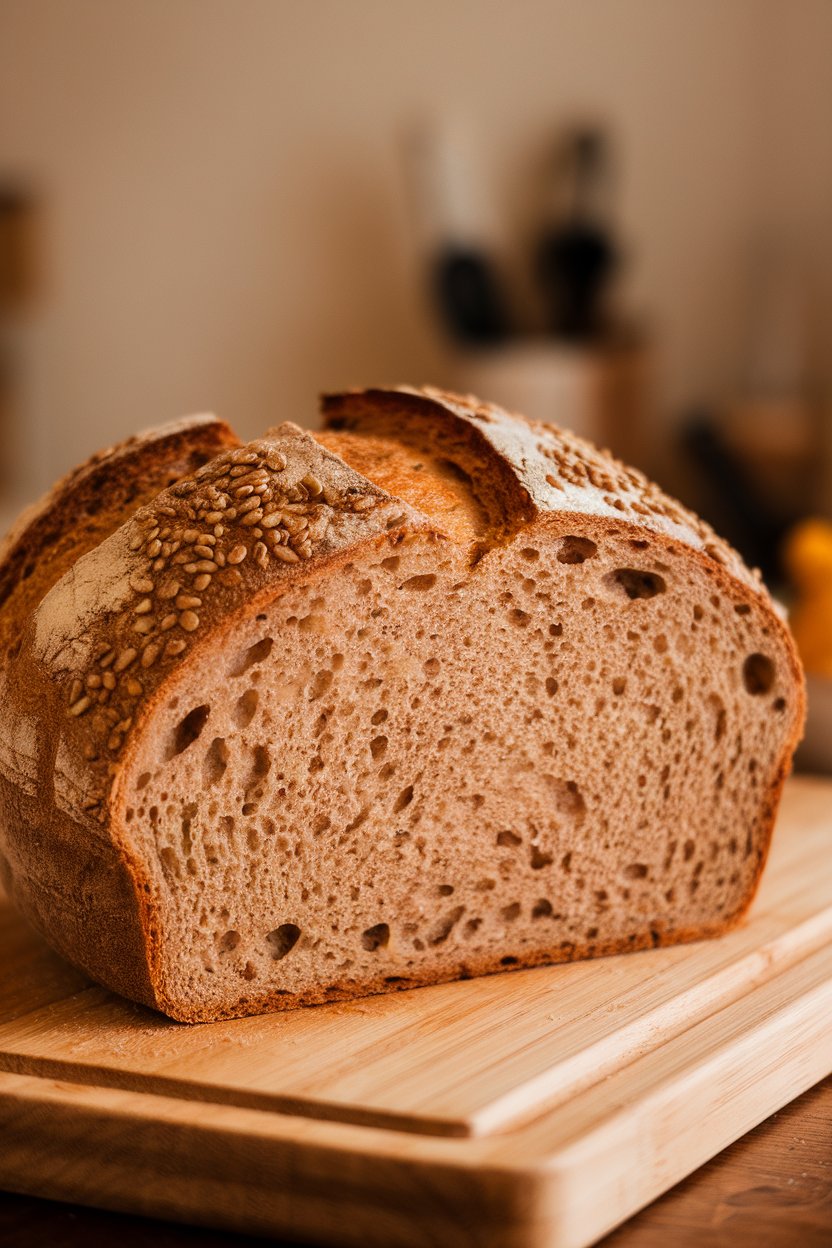 Indoor photo of a sliced loaf of hearty whole-grain bread on a wooden cutting board, seeds visible in the crust, warm soft lighting, no text or logos