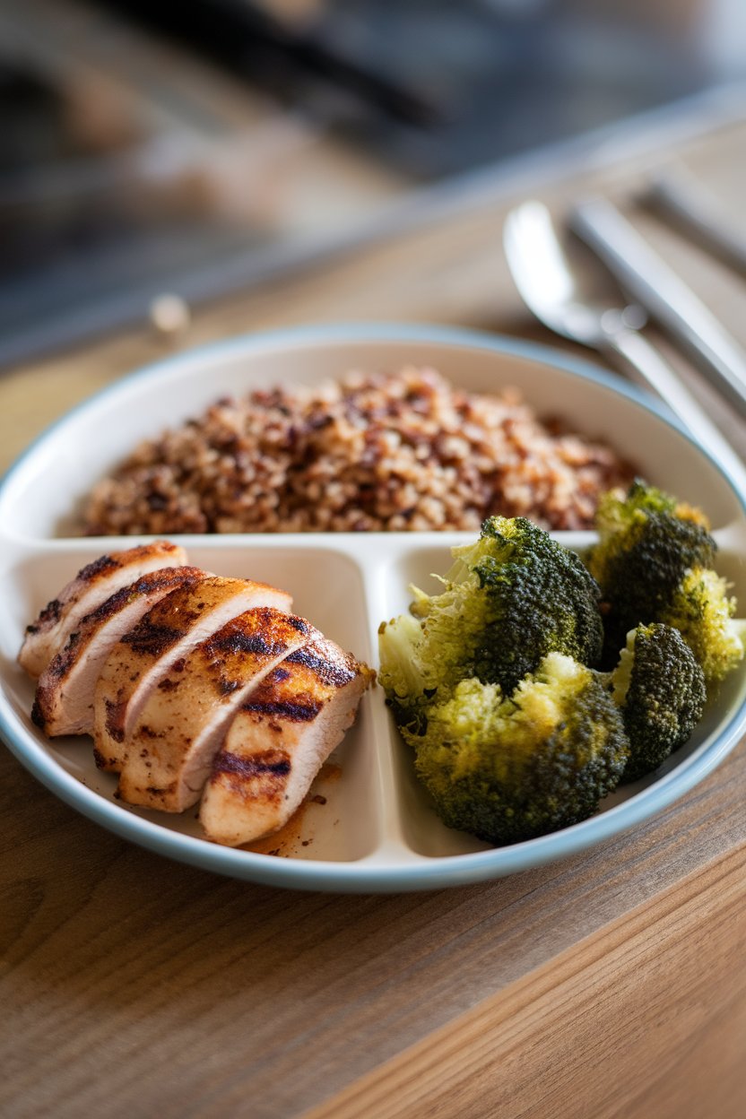 Photo — A divided indoor plate showing grilled chicken, quinoa, and steamed broccoli in equal portions. No text or brand marks.