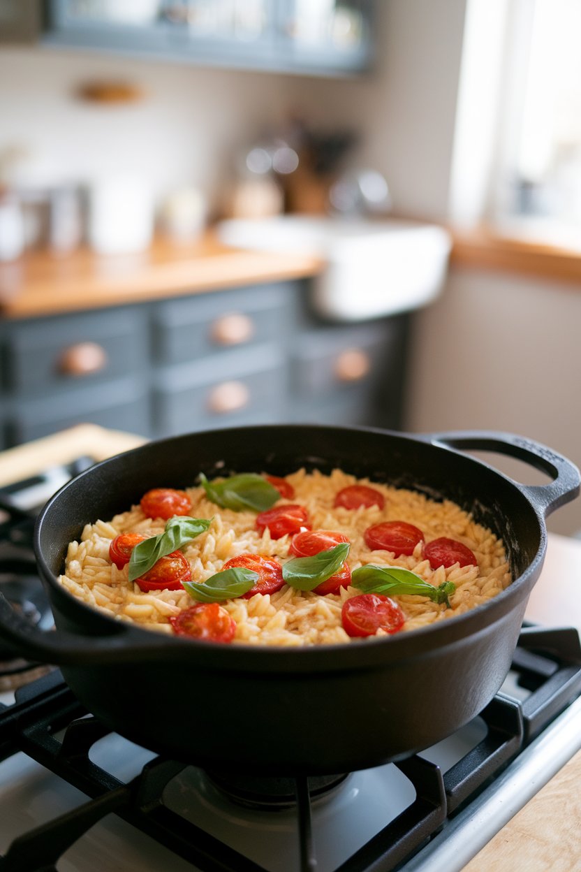 Photo of an indoor stovetop pot filled with creamy cooked orzo, cherry tomatoes, and fresh basil ribbons; no text or logos