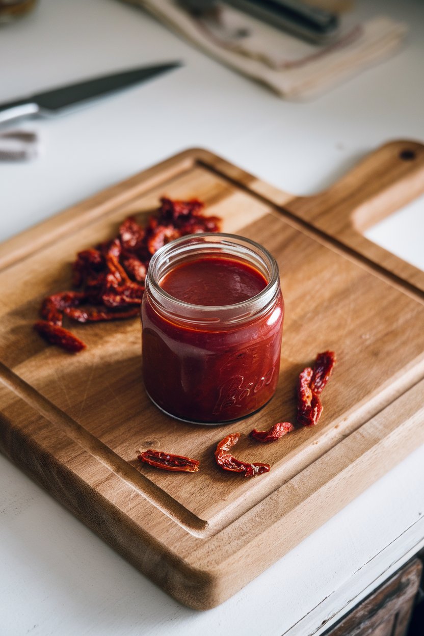 Indoor wooden cutting board holding a jar of deep red sun-dried tomato dressing, sun-dried tomato pieces scattered around. Photo, not illustration. No text or logos.