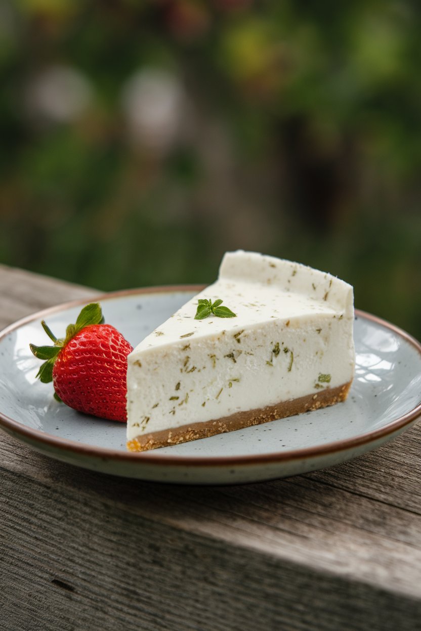 Indoor food photo of a small slice of herb-speckled yogurt cheesecake on a dessert plate; strawberry beside, no text or logos.