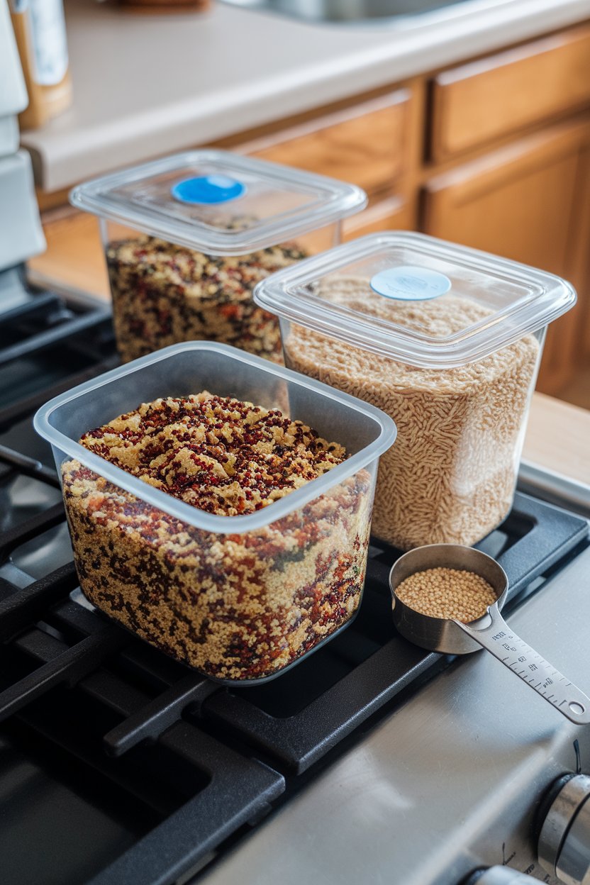 Indoor stovetop with three storage containers filled with cooked quinoa, brown rice, and farro, measuring cup alongside. No text or logos, photo not illustration.