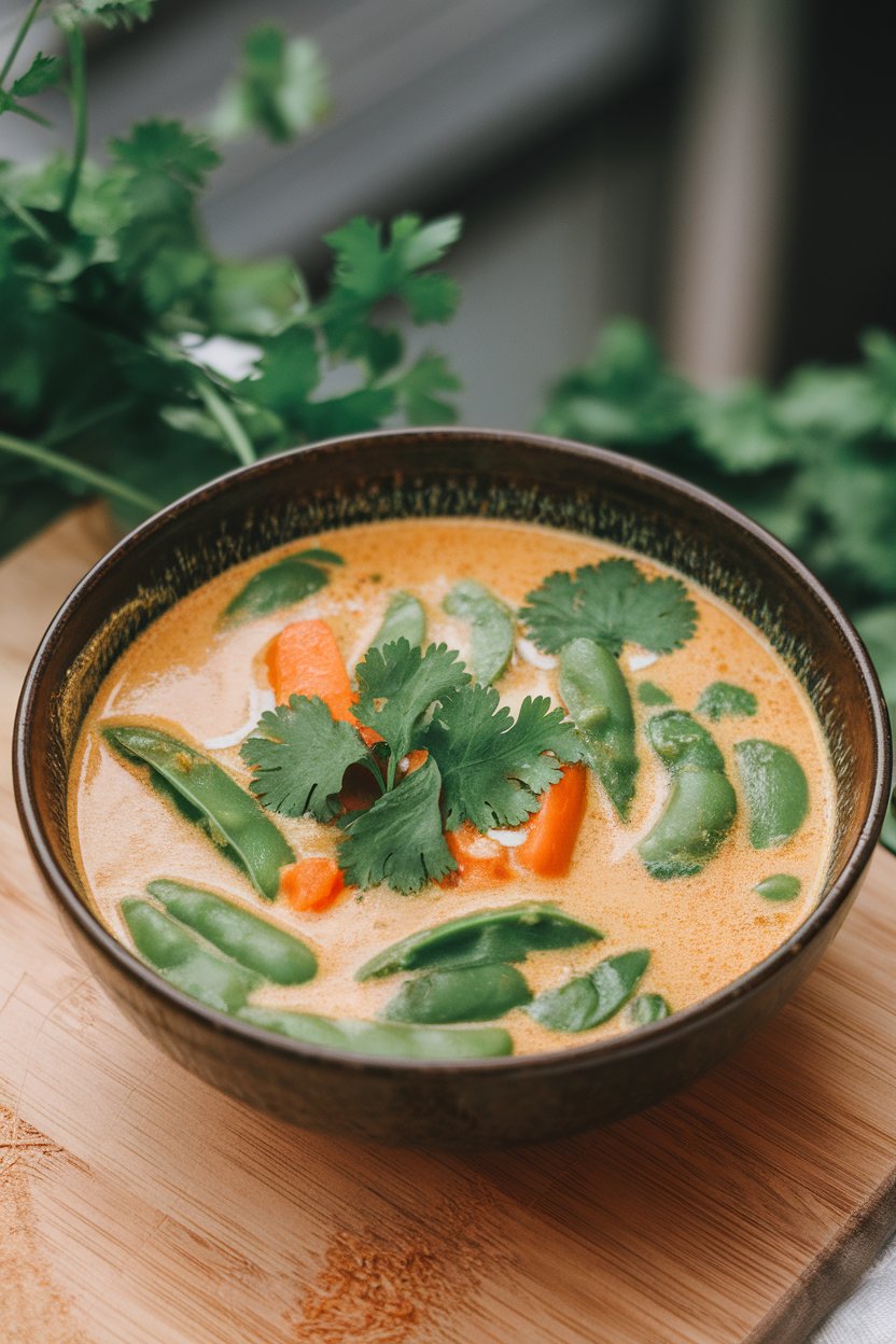 An indoor soup bowl of creamy peanut-coconut broth dotted with snap peas, carrots, and cilantro leaves. No text or logos; photo, not illustration.
