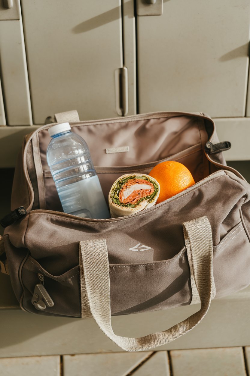 Photo of an indoor gym bag opened to reveal a bottle of water, a protein-packed wrap, and a fresh orange; locker-room lighting; no text or logos.