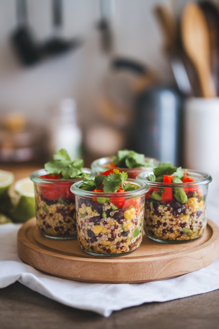 A photo taken indoors showing small lidded jars filled with colorful quinoa salad: red bell pepper, black beans, corn, and cilantro. No text or logos.