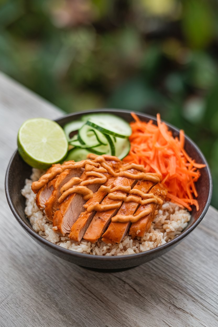 Indoor bowl featuring brown rice, sliced peanut sauce chicken, shredded carrots, and cucumber ribbons, lime wedge on edge. No logos or text.