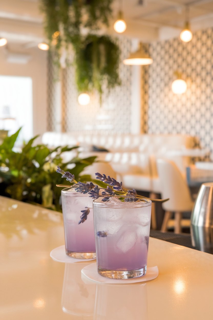 Photo of pale-violet shots topped with lavender bud, indoor bright bar; no branding.