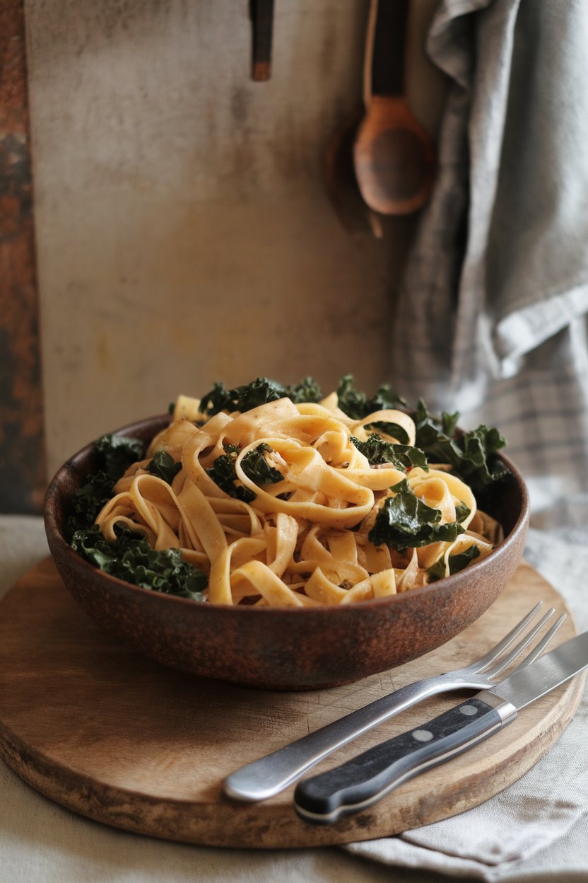 Indoor photo of a rustic bowl holding whole-wheat tagliatelle, ribbons of kale, and sweet golden onions. No text or logos.