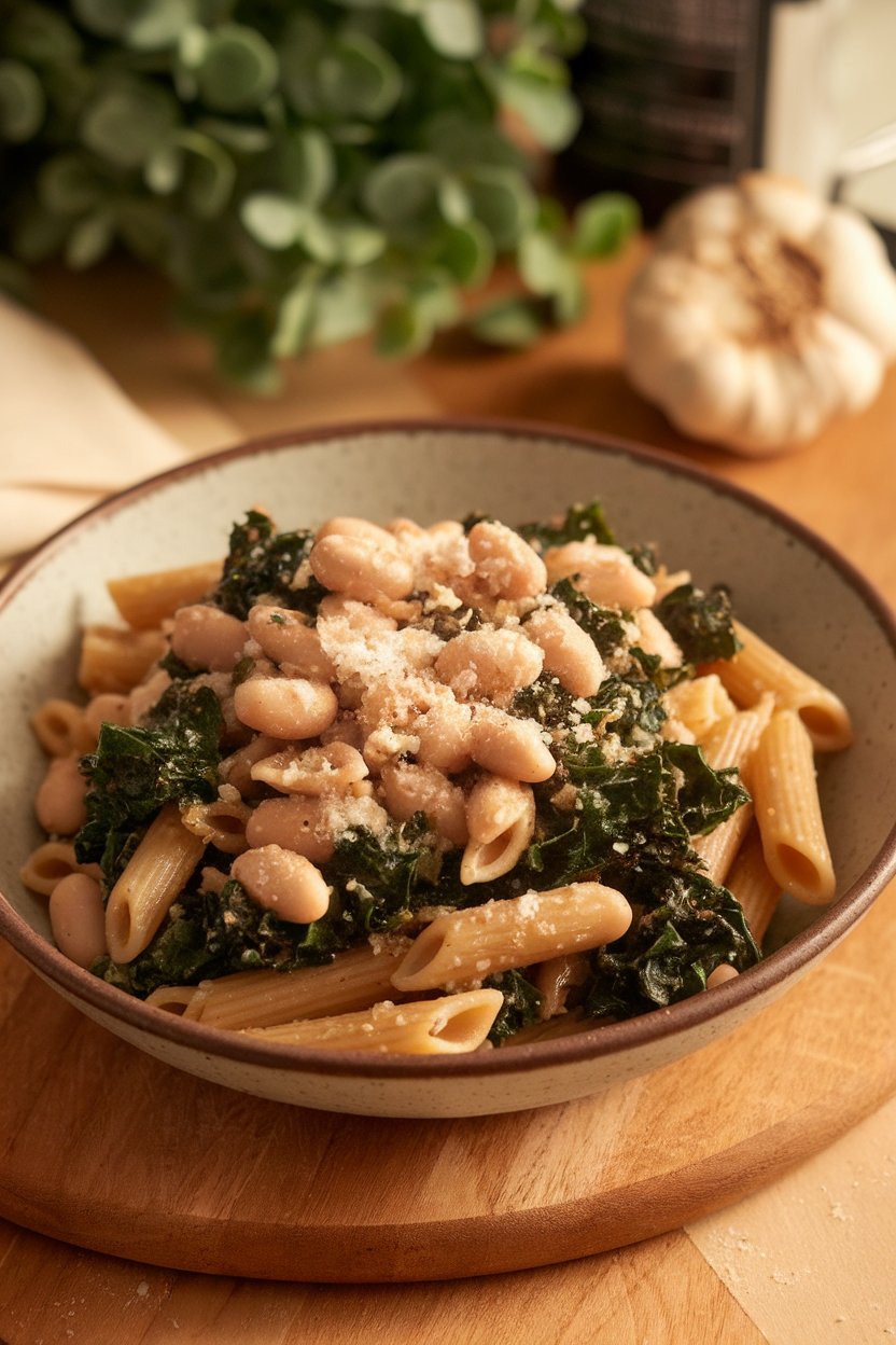 A shallow bowl indoors containing whole-wheat penne tossed with white beans, sautéed kale, garlic, and a dusting of Parmesan; no text or logos; photo.