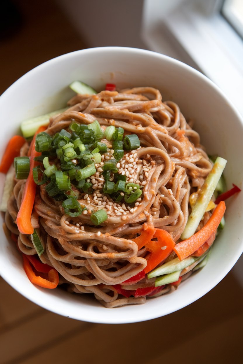 A noodle bowl indoors showing buckwheat soba tossed with julienned vegetables and coated in a creamy peanut-lime sauce; no text or logos.