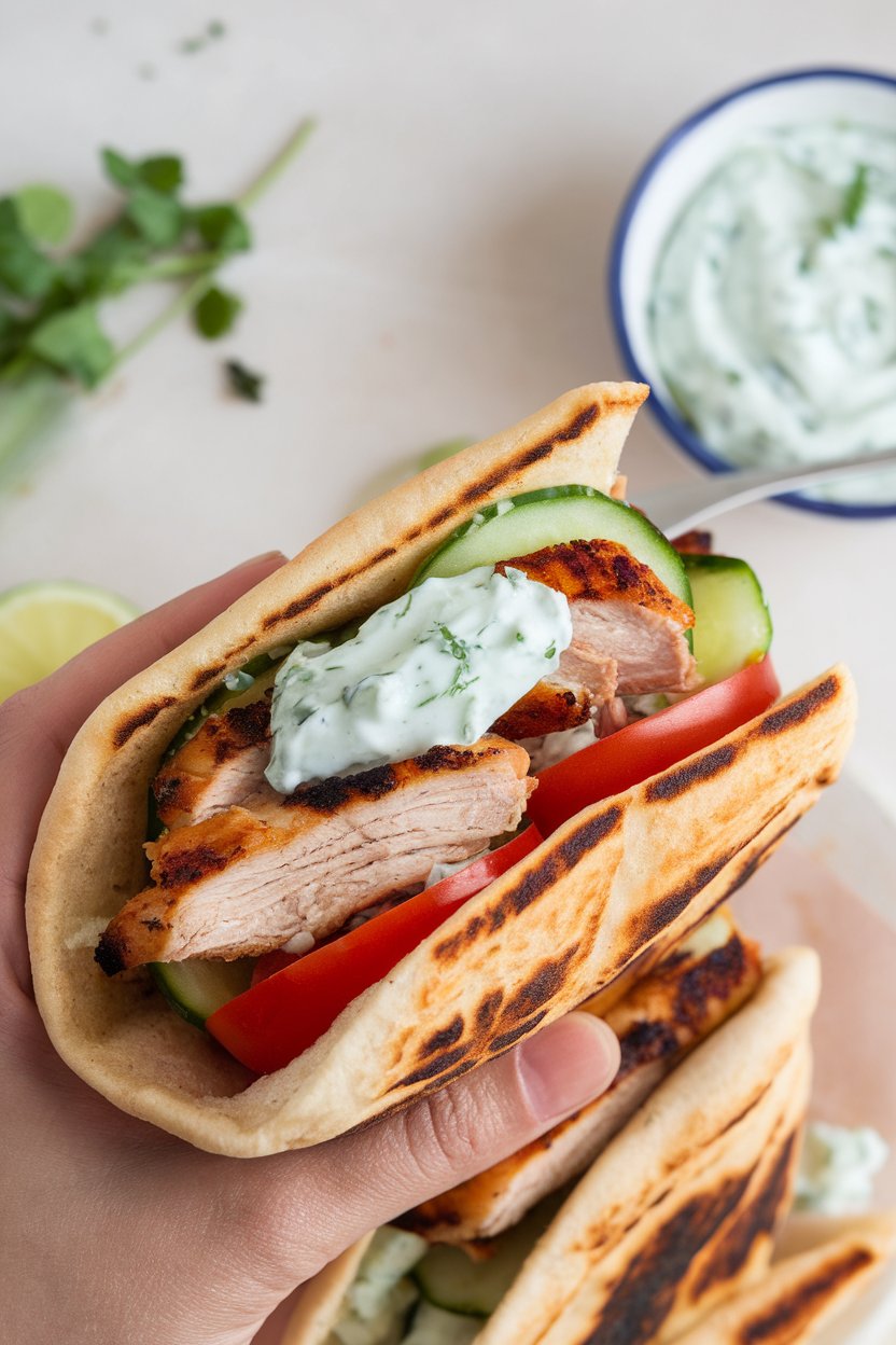An indoor hand-held pita pocket stuffed with grilled chicken strips, cucumber, tomato, and a spoon of tzatziki; no brand names.