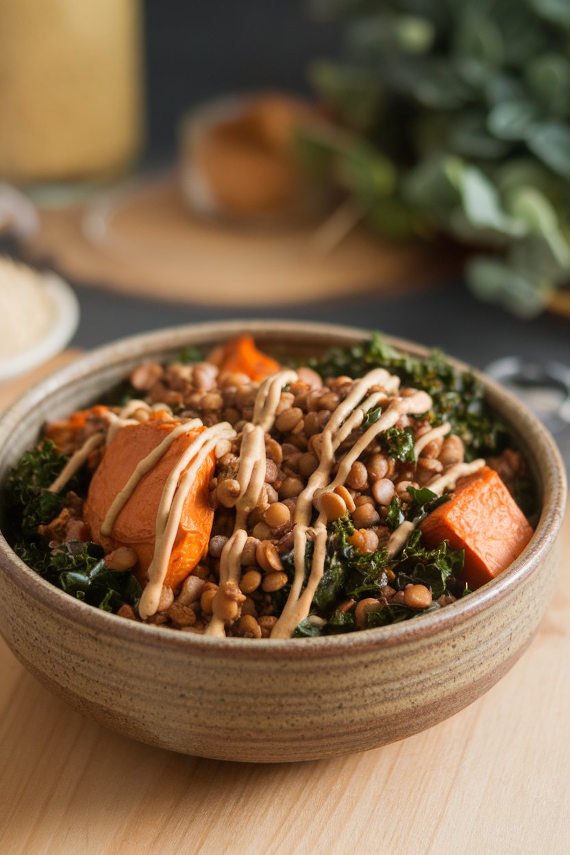 Indoor photo of a ceramic bowl filled with roasted sweet potatoes, lentils, kale, and tahini drizzle arranged in sections; no text or logos.