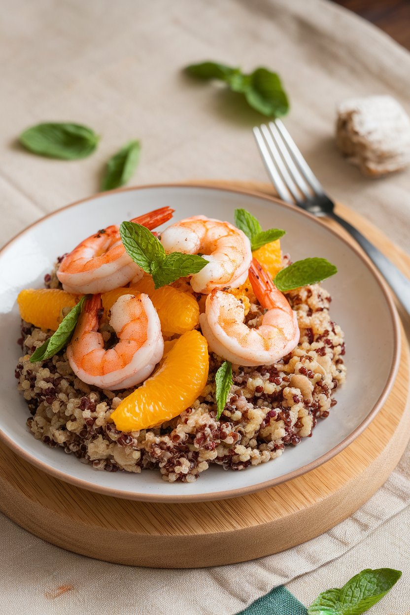 Photo of quinoa topped with grilled shrimp, orange segments, and fresh mint leaves indoors, no text or logos.