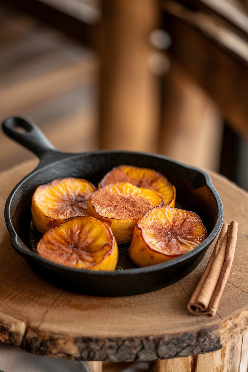 Indoor photo of sliced plantains baked until caramelized, sprinkled with cinnamon, on a small cast-iron skillet. No text or logos.