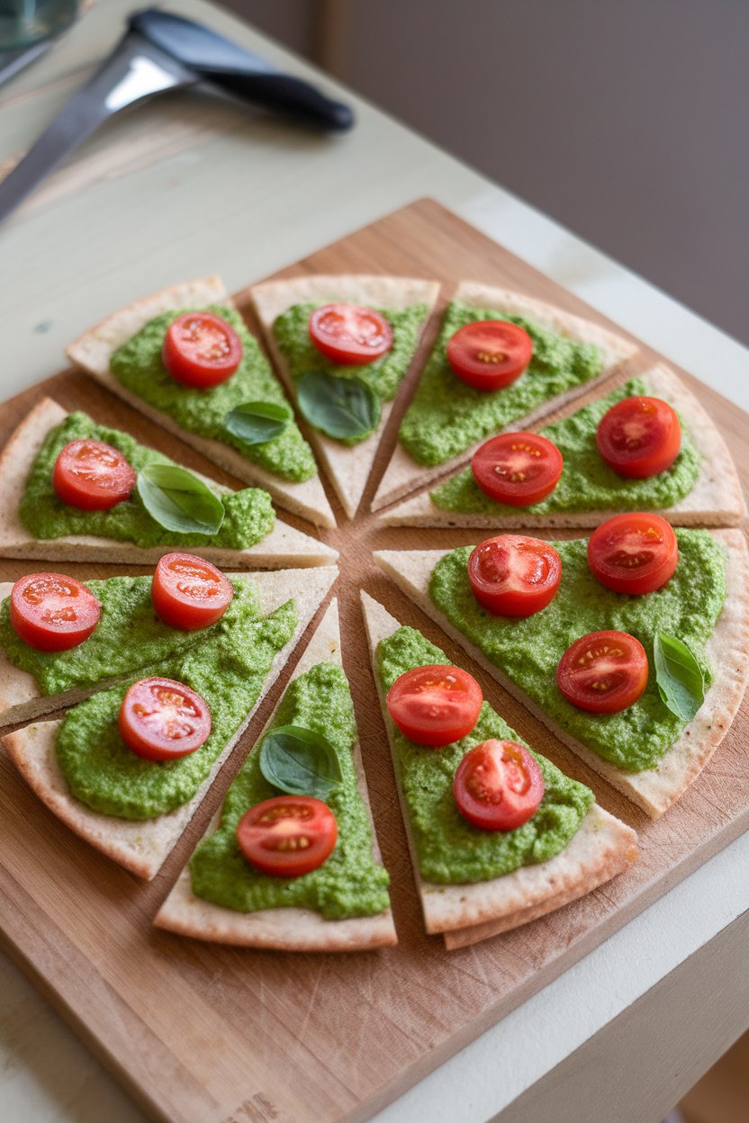 A cutting board on an indoor table holding flatbread wedges topped with bright green pea pesto and cherry tomato halves. No text or logos. Photo.