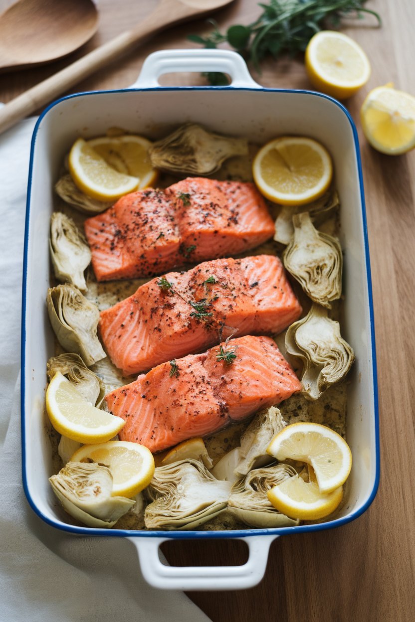 An indoor kitchen table displaying a casserole dish of salmon nestled among artichoke hearts and lemon slices, all lightly browned. No logos or text seen.