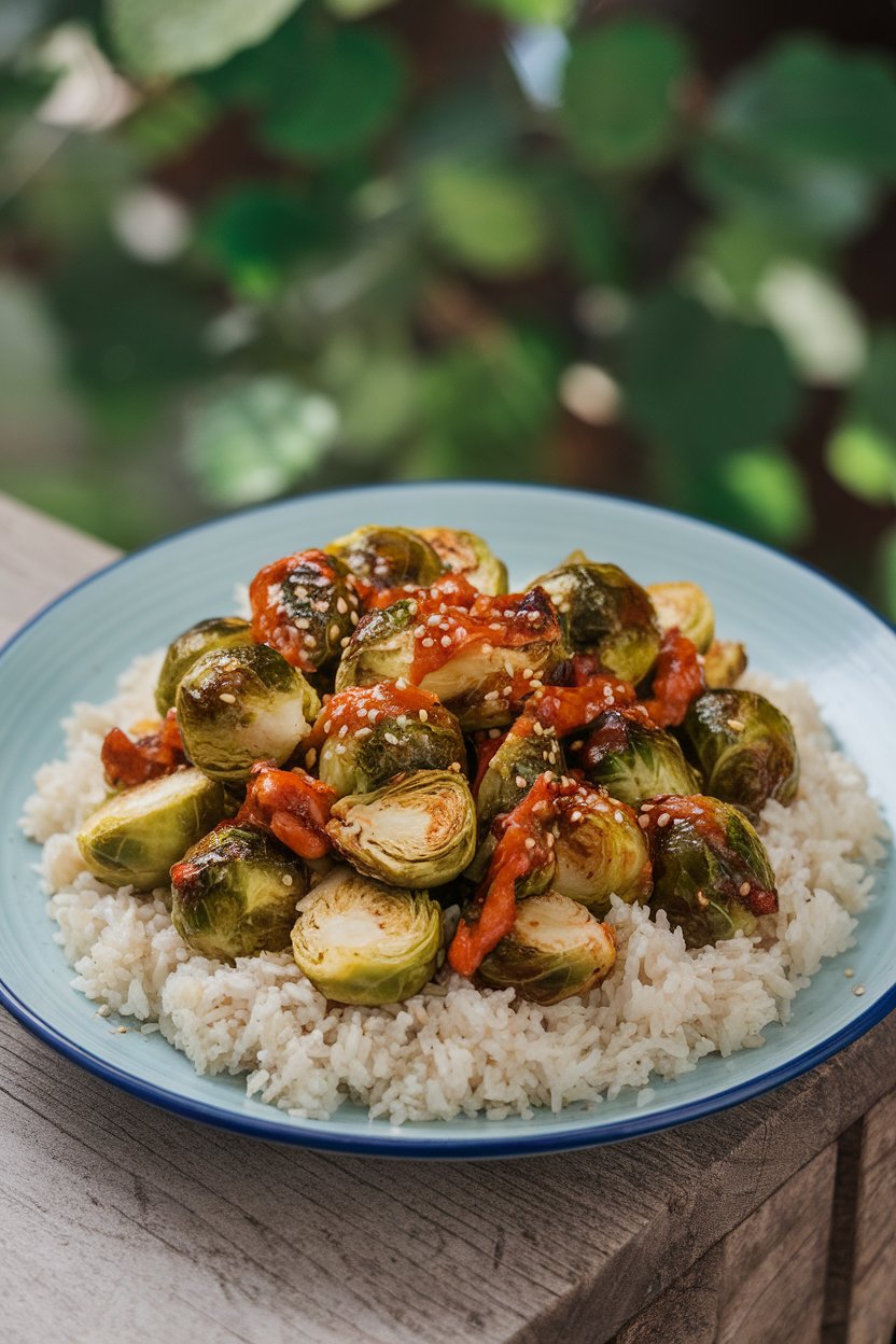 An indoor plate of roasted Brussels sprouts glazed with sweet chili sauce, served over jasmine rice, sesame seeds sprinkled on top. No text or logos; photo, not illustration.