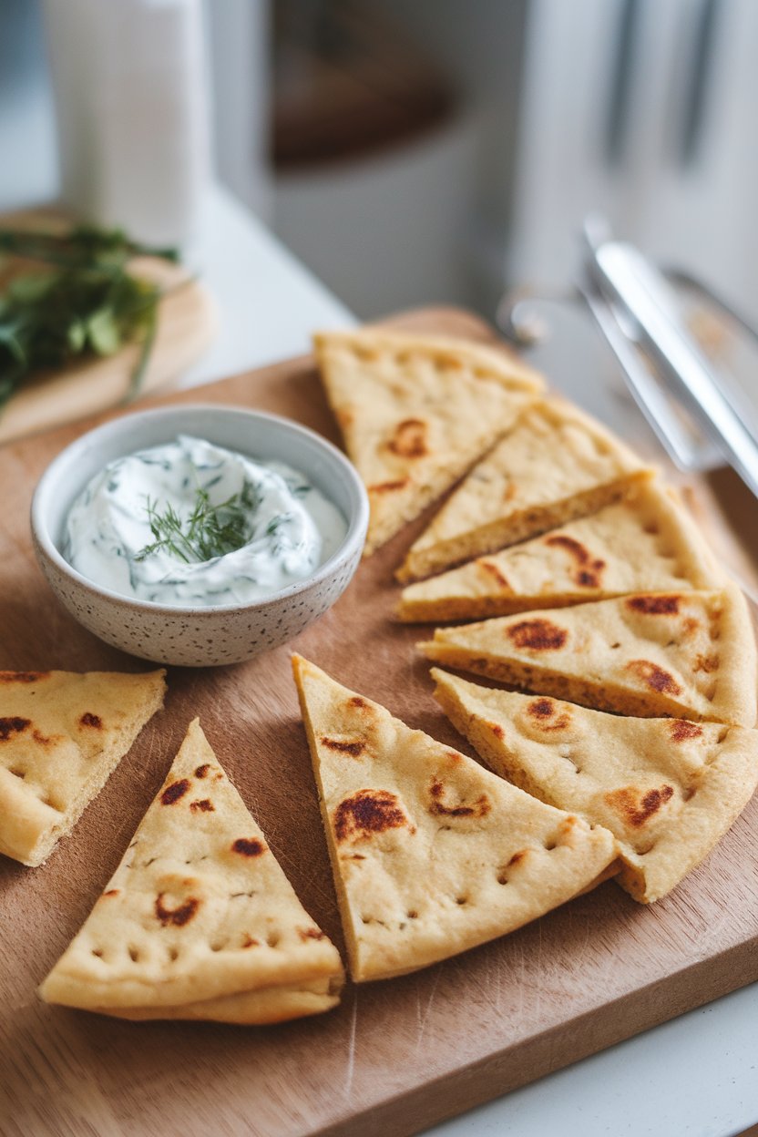 Indoor cutting board with triangular slices of golden chickpea flatbread, lightly charred, and a small bowl of herbed yogurt dip. No logos or text.