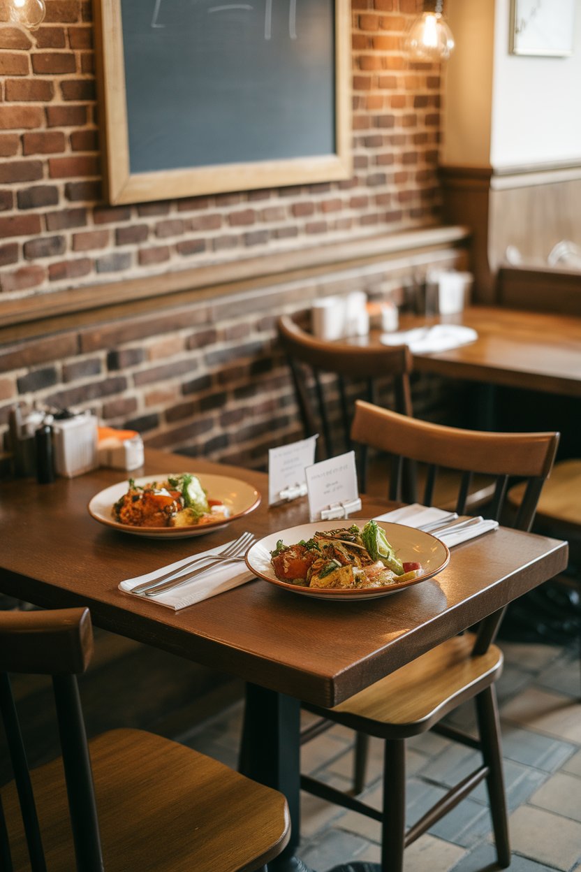 Indoor photo of a restaurant entrée split onto two plates, one of which is boxed to take home. Cozy bistro lighting, no text or logos visible.