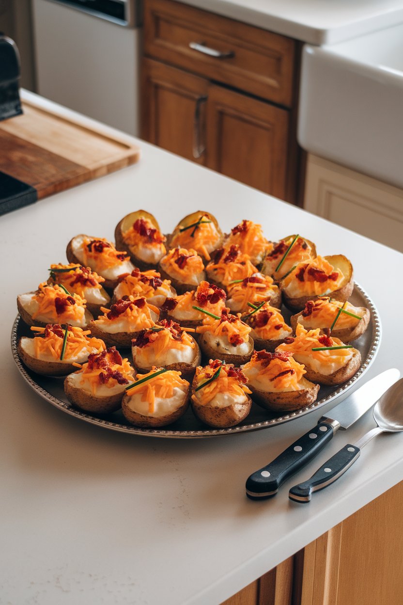 A platter on a kitchen island with tiny potato skins topped with cheddar, bacon bits, and chives. No text or logos.