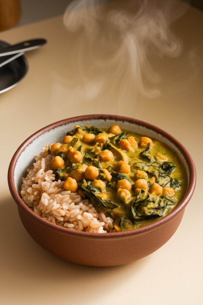 An indoor ceramic bowl containing vibrant chickpea spinach curry alongside a mound of brown rice; steam curling upward, no text or logos.