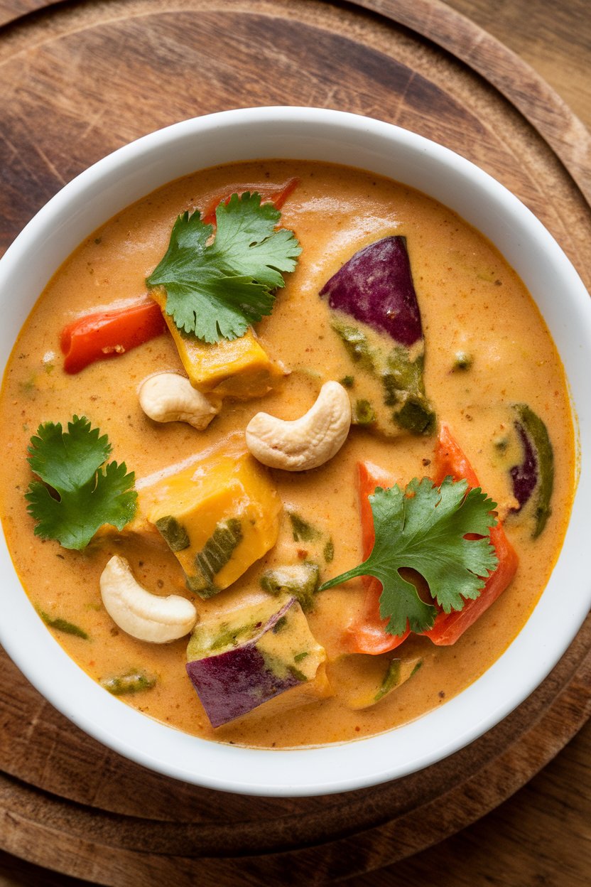 Indoor photo of creamy vegetable korma with cashews in a white bowl, cilantro garnish, no text or logos