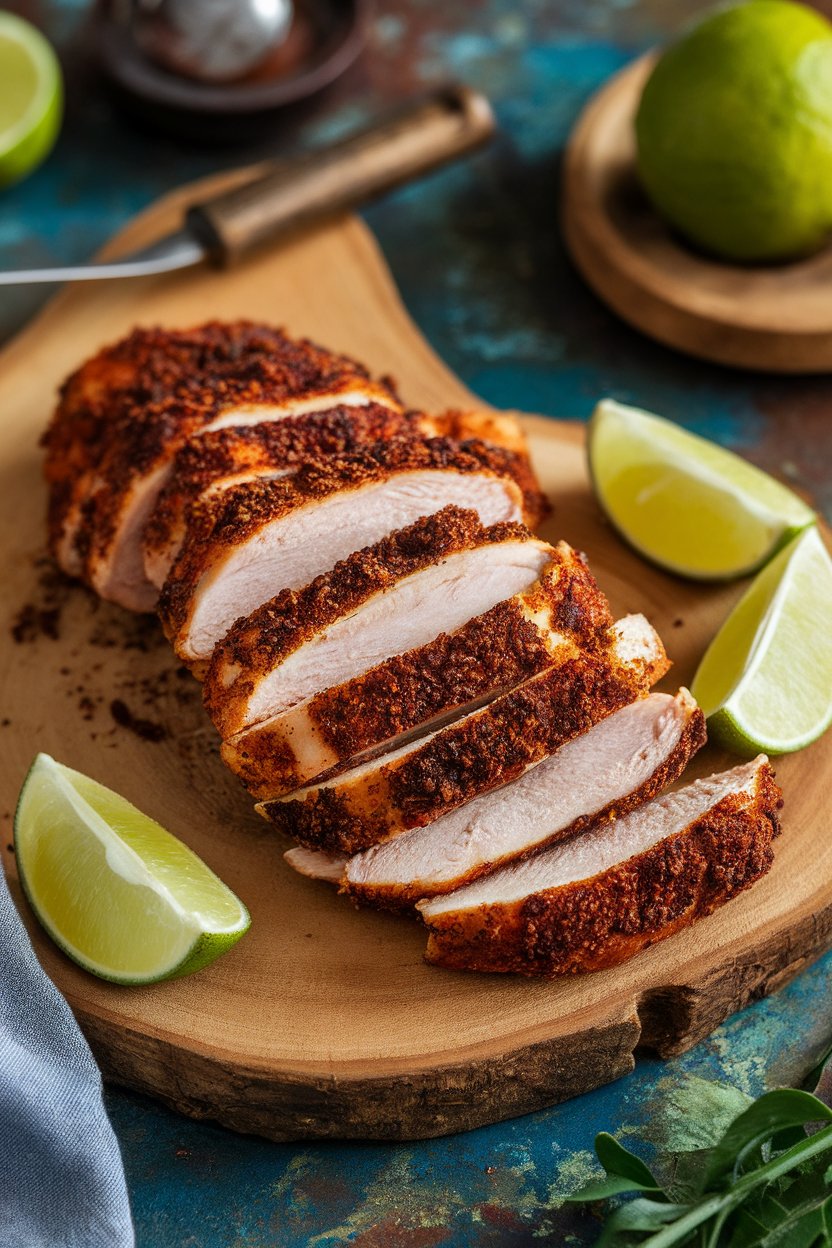Indoor photo of sliced chicken tenders with dark cocoa-spice crust on a wooden board, lime wedges nearby. No text or logos.