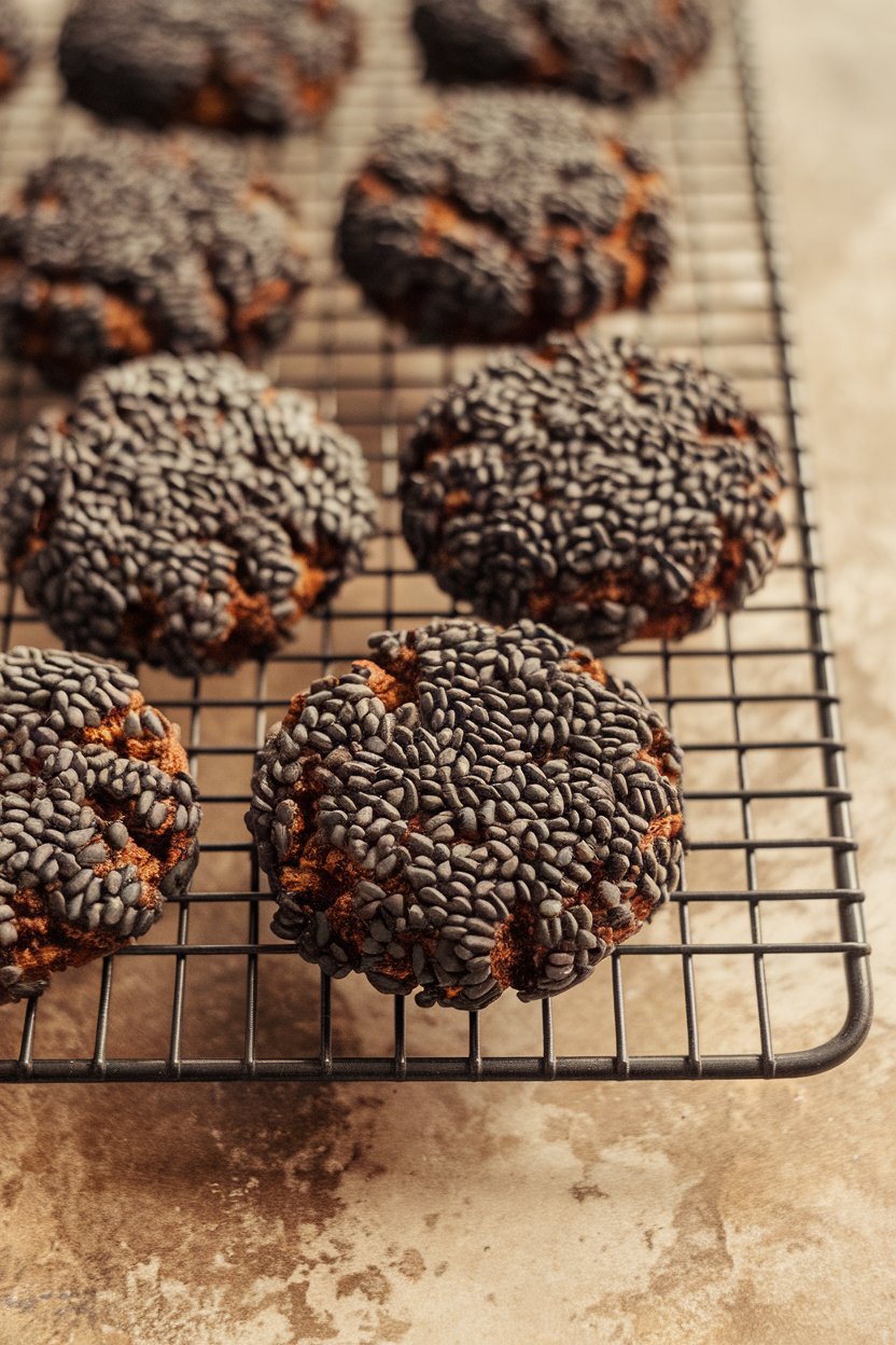 Dark brown cookies coated in black sesame seeds, cooling on an indoor rack. No branding.