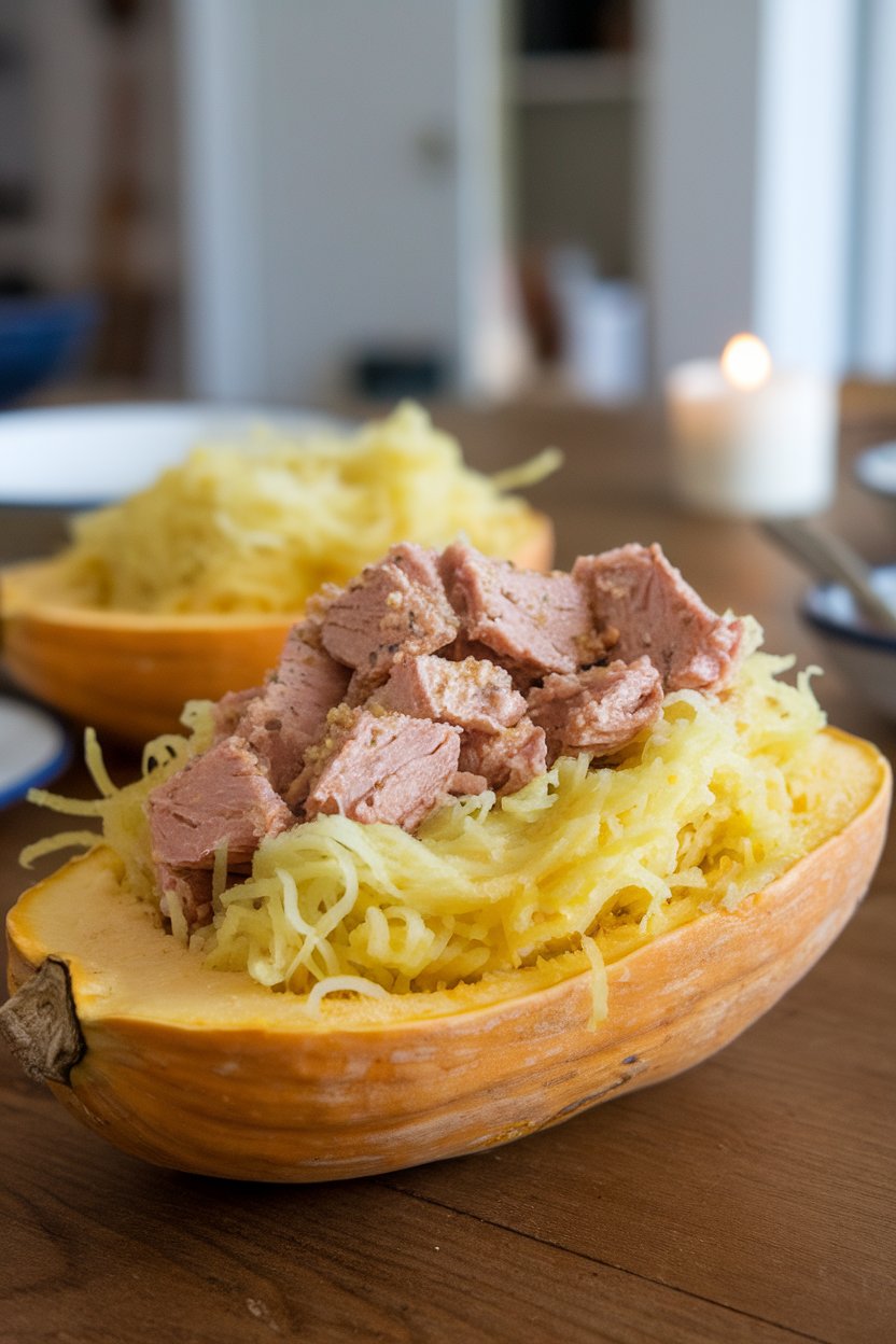Half a spaghetti squash boat filled with strands, tuna, and garlic-Parmesan seasoning; indoor table, no text or logos.