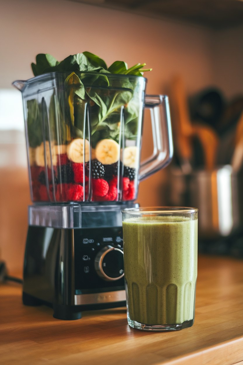 Photo — A countertop blender indoors filled with spinach, banana, and berries beside a finished green smoothie in a glass. No text or logos.